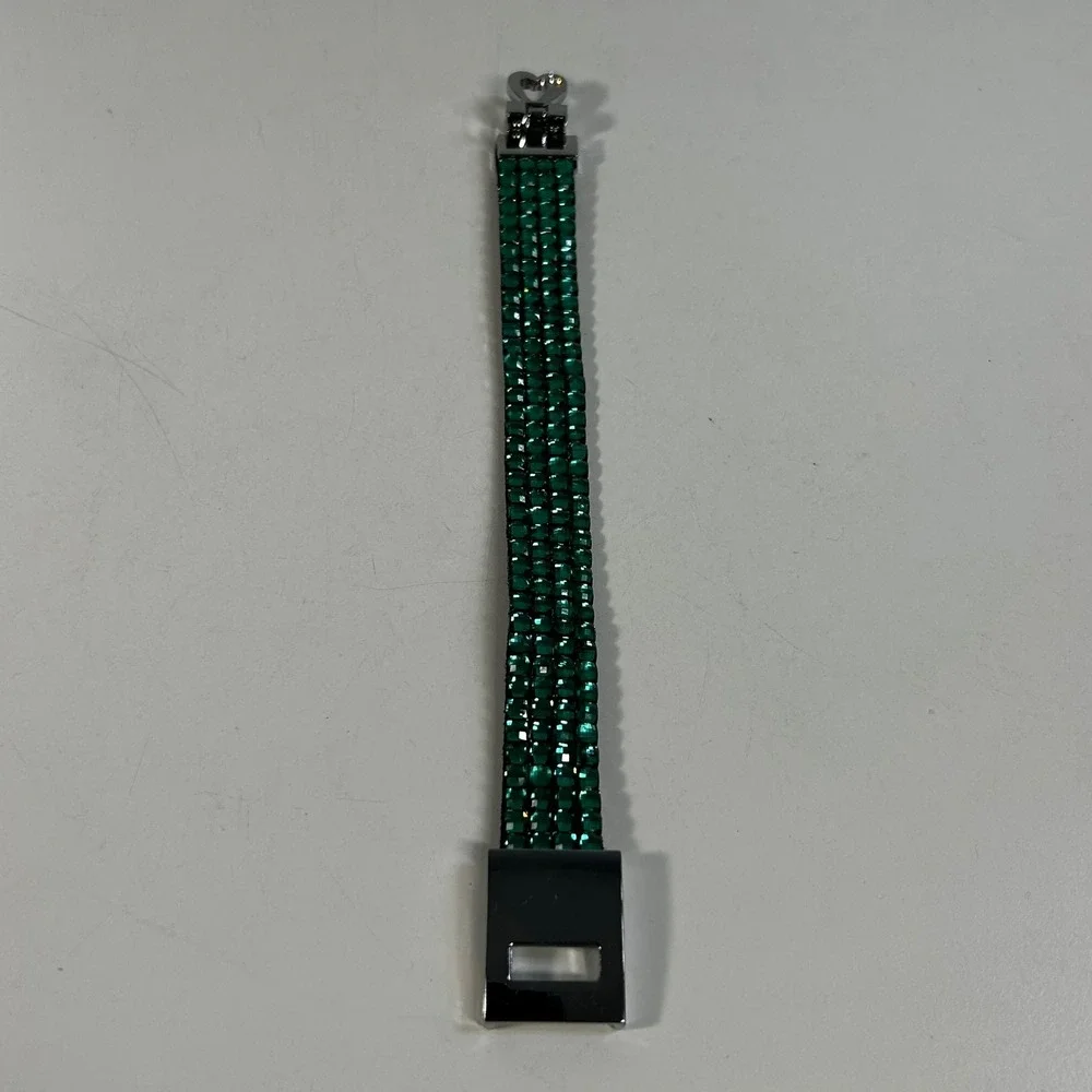Emerald Green Rhinestone Wrap Bracelet Silver Tone‎ Heart Clasp 4 Row Sparkling